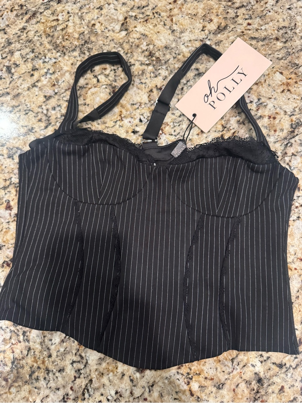 Oh Polly Black Pinstripe Lace-Trim Bustier Cami